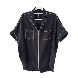 ADAM SELMAN New York Women's L Black Zip Front Top, Contrast Piping Oversized